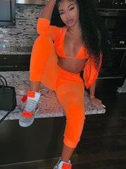 Sudadera con capucha y pantalones deportivos de felpa sólida con cremallera