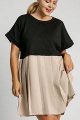 Full Size Round Neck Pleated Dress with Side Pockets Plus Size