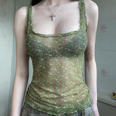 Top sin mangas de malla transparente con estampado floral