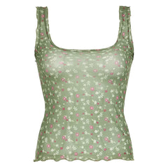 Top sin mangas de malla transparente con estampado floral
