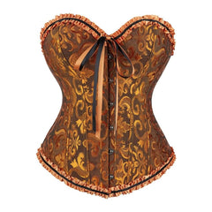 Corsé gótico de jengibre con ribete de volantes y reloj de arena sobre el busto