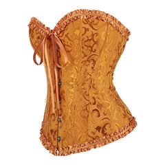 Corsé gótico dorado con ribete de volantes y diseño de reloj de arena sobre el busto