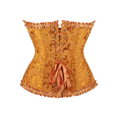 Corsé gótico dorado con ribete de volantes y diseño de reloj de arena sobre el busto