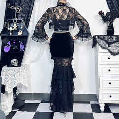 Gothic Maxirock aus Spitze und Samt mit Rüschen und Stufenschlitz