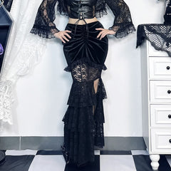 Gothic Maxirock aus Spitze und Samt mit Rüschen und Stufenschlitz