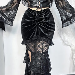 Gothic Maxirock aus Spitze und Samt mit Rüschen und Stufenschlitz