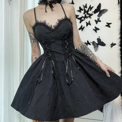 Gothic Butterfly Lace Up Tie Front Short Dress