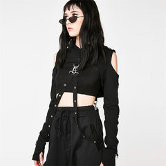 Gothic Cold Shoulder Crop Hoodie