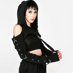 Gothic Cold Shoulder Crop Hoodie