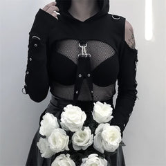 Gothic Cold Shoulder Crop Hoodie