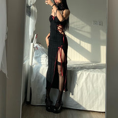 Gothic Cut Out Lace Up Slit Midi Dress