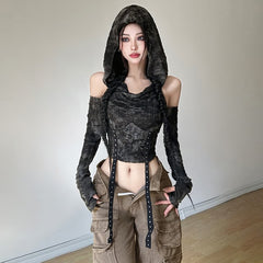 Gothic Distressed Hooded Long Sleeve Top