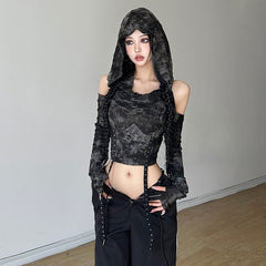Gothic Distressed Hooded Long Sleeve Top