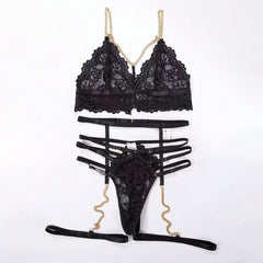 Conjunto de lencería con sujetador y liguero de encaje floral gótico