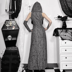 Vestido largo con capucha y abertura, estilo gótico grunge y desgastado
