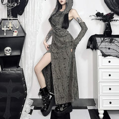 Vestido largo con capucha y abertura, estilo gótico grunge y desgastado