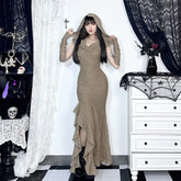 Gothic Hooded Ruffle Slit Maxi Dress