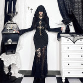 Gothic Lace Hooded Long Sleeve Maxi Dress