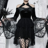 Gothic Lace Velvet Bell Sleeve Mini Dress