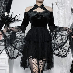 Gothic Lace Velvet Bell Sleeve Mini Dress
