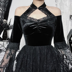 Gothic Lace Velvet Bell Sleeve Mini Dress