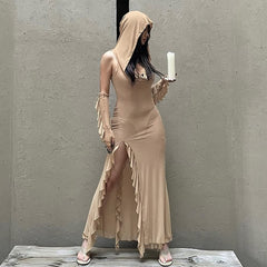 Vestido gótico de malla con capucha y abertura con guantes