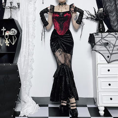 Falda larga de sirena con capas de terciopelo fruncido y malla gótica