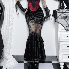 Falda larga de sirena con capas de terciopelo fruncido y malla gótica