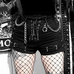 Gothic Noir Lace Up Denim Shorts