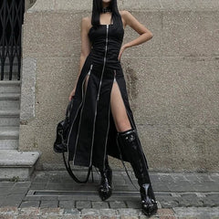Gothic Off Shoulder Zip Front Slit Midi Dress