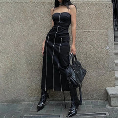 Gothic Off Shoulder Zip Front Slit Midi Dress