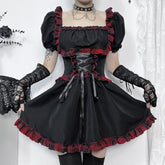 Gothic Puff Sleeve Plaid Ruffle Mini Dress