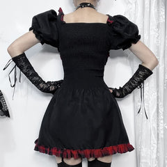 Gothic Puff Sleeve Plaid Ruffle Mini Dress