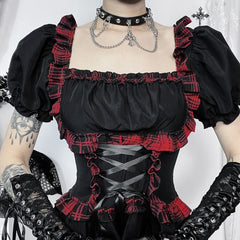 Gothic Puff Sleeve Plaid Ruffle Mini Dress