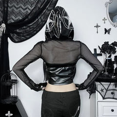 Gothic Punk Devil Pentagram Kurzer Kapuzenpullover aus Mesh-Leder