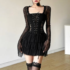 Gothic Punk Lace Long Sleeve Tiered Mini Dress