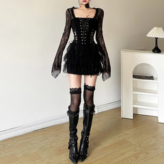Gothic Punk Lace Long Sleeve Tiered Mini Dress