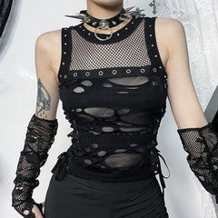 Top corto de malla gótica punk desgastado