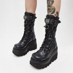 Gothic Punk Mid Calf Platform Wedge Boots
