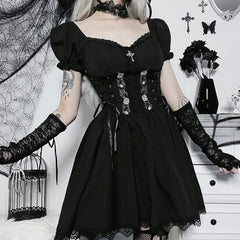 Gothic Rose Style Lace Up Short Dress