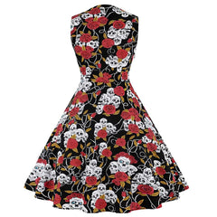 Magnífico vestido largo de fiesta sin mangas con estampado de calavera gótica y rosa