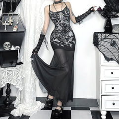 Gothic Skull Spaghetti Strap Maxi Dress