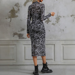 Gothic Snake Sheer Long Sleeve Midi Dress