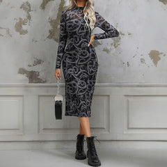Gothic Snake Sheer Long Sleeve Midi Dress
