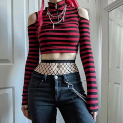 Gothic Stripe Cold Shoulder Long Sleeve Top