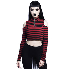 Gothic Stripe Cold Shoulder Long Sleeve Top