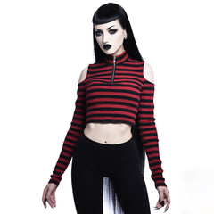 Gothic Stripe Cold Shoulder Long Sleeve Top