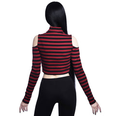 Gothic Stripe Cold Shoulder Long Sleeve Top