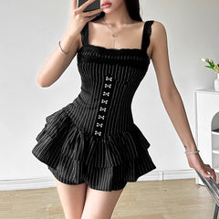 Gothic Striped Lace Trim Skort Romper