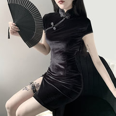 Gothic Style Velvet Cheongsam Mini Dress